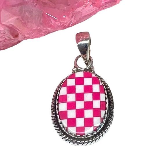 Hot Pink Checkered Opal Necklace Pendant Solid 925 Sterling Silver Checker White